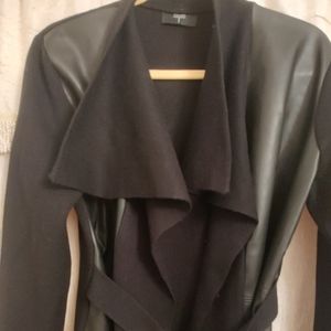 Tahari long vegan leather trim cardigan. Black sz large
